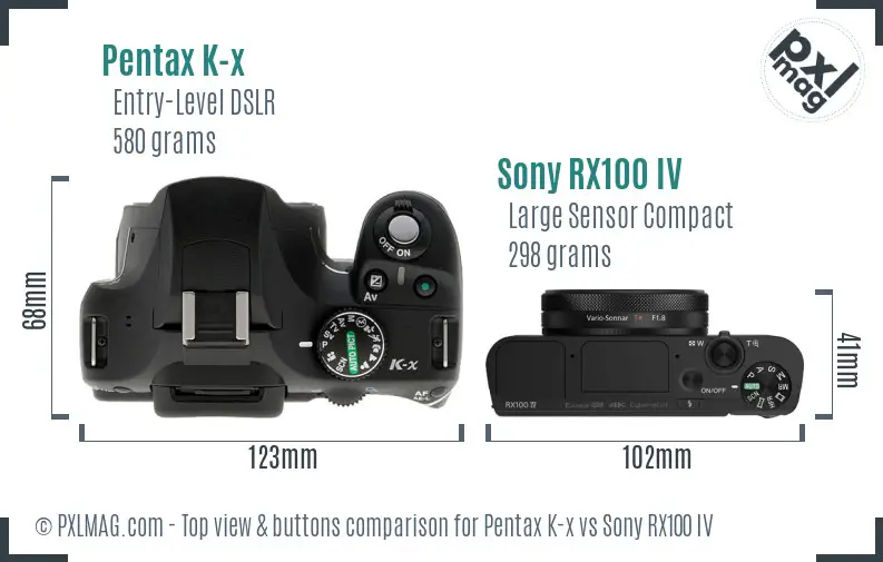 Pentax K-x vs Sony RX100 IV top view buttons comparison Pentax K-x vs Sony RX100 IV top view buttons comparison