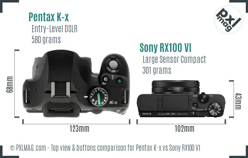 Pentax K-x vs Sony RX100 VI top view buttons comparison