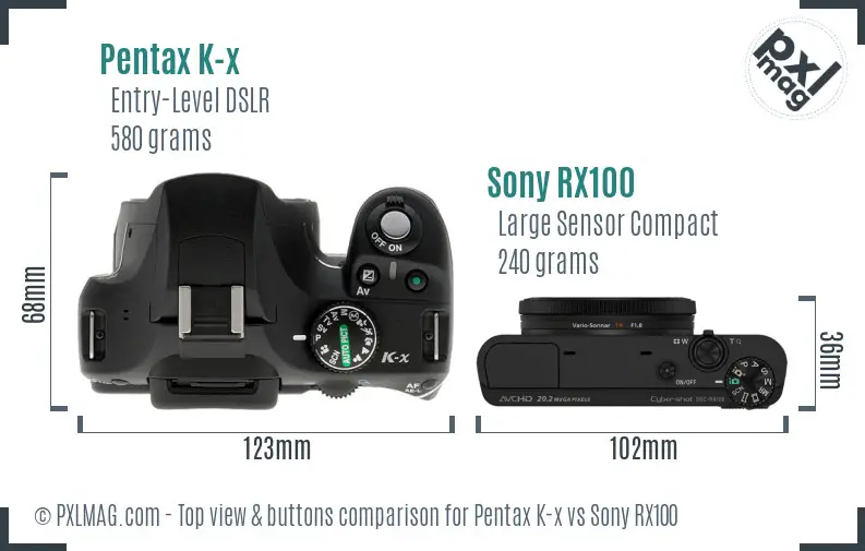 Pentax K-x vs Sony RX100 top view buttons comparison Pentax K-x vs Sony RX100 top view buttons comparison