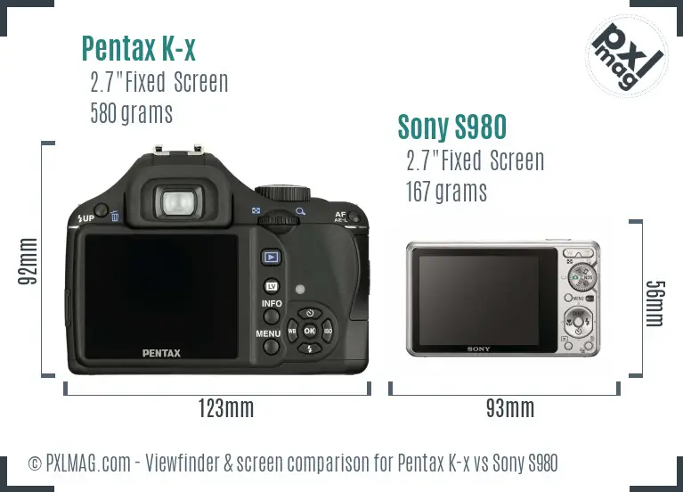 Pentax K-x vs Sony S980 Screen and Viewfinder comparison