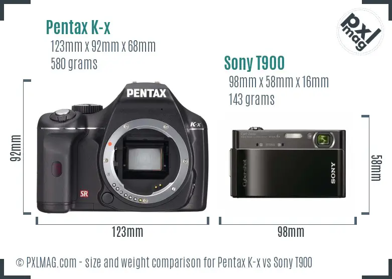 Pentax K-x vs Sony T900 size comparison