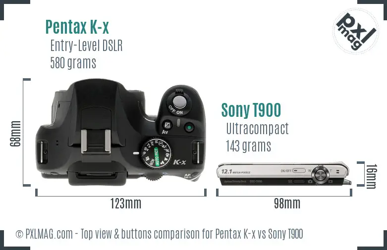 Pentax K-x vs Sony T900 top view buttons comparison