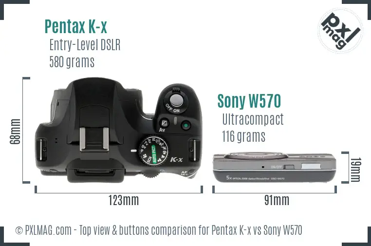 Pentax K-x vs Sony W570 top view buttons comparison