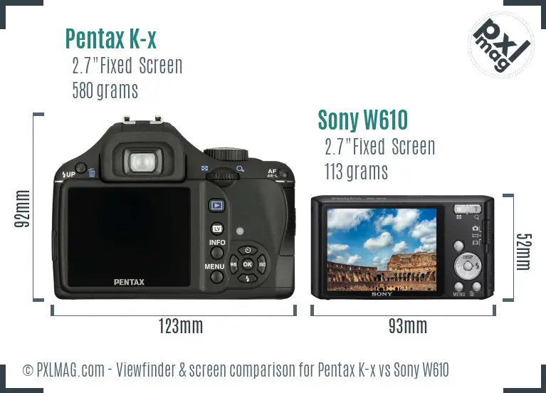 Pentax K-x vs Sony W610 Screen and Viewfinder comparison