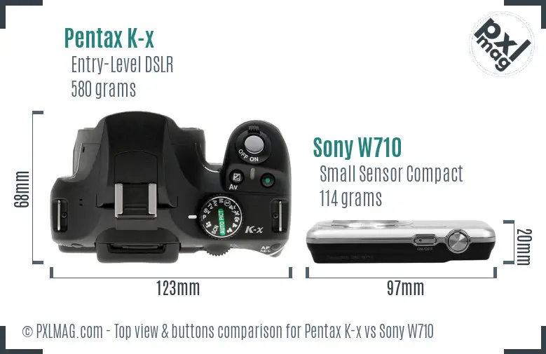 Pentax K-x vs Sony W710 top view buttons comparison Pentax K-x vs Sony W710 top view buttons comparison