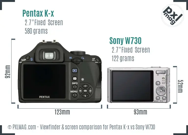 Pentax K-x vs Sony W730 Screen and Viewfinder comparison