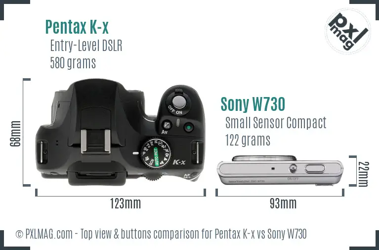 Pentax K-x vs Sony W730 top view buttons comparison