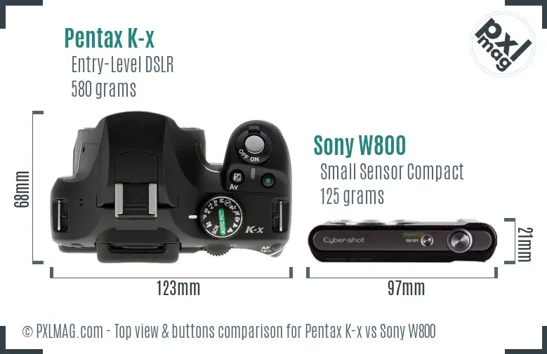 Pentax K-x vs Sony W800 top view buttons comparison