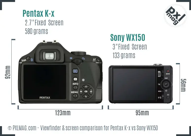 Pentax K-x vs Sony WX150 Screen and Viewfinder comparison