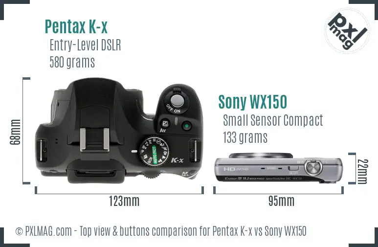 Pentax K-x vs Sony WX150 top view buttons comparison