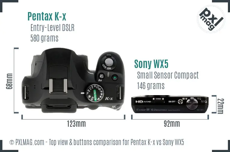 Pentax K-x vs Sony WX5 top view buttons comparison