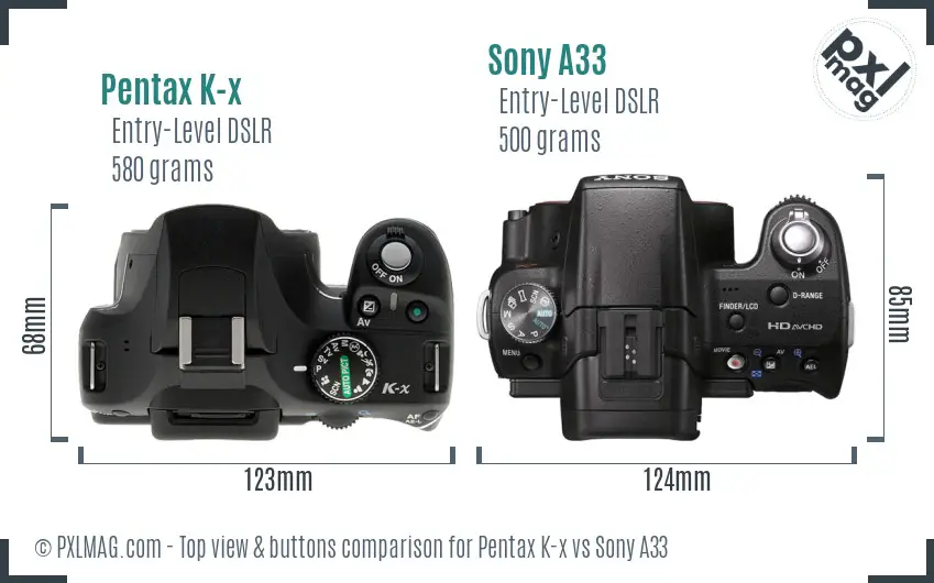 Pentax K-x vs Sony A33 top view buttons comparison