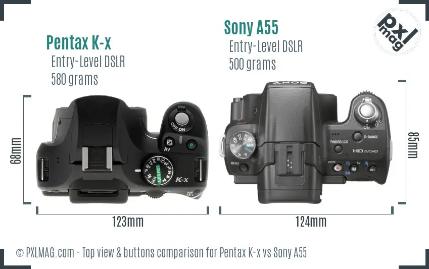 Pentax K-x vs Sony A55 top view buttons comparison