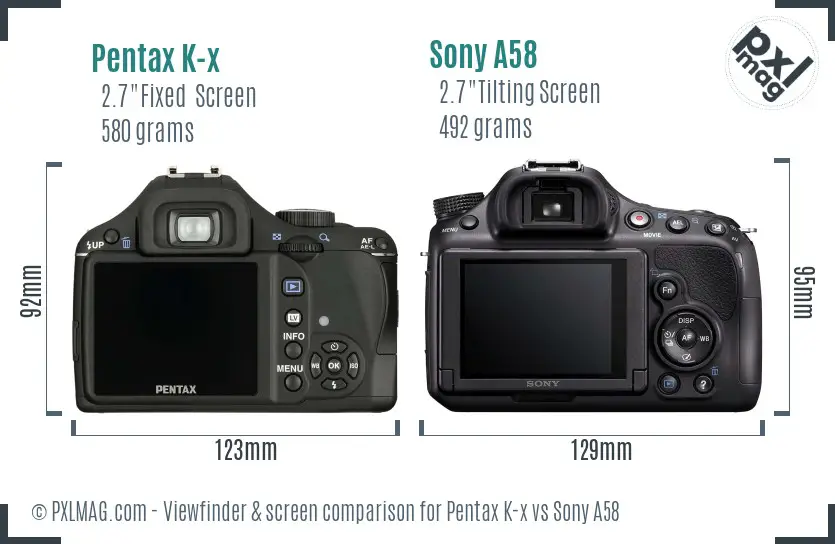 Pentax K-x vs Sony A58 Screen and Viewfinder comparison