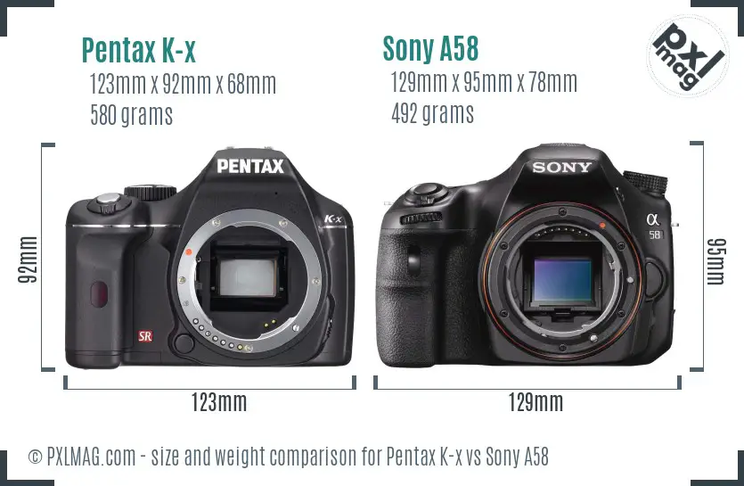 Pentax K-x vs Sony A58 size comparison