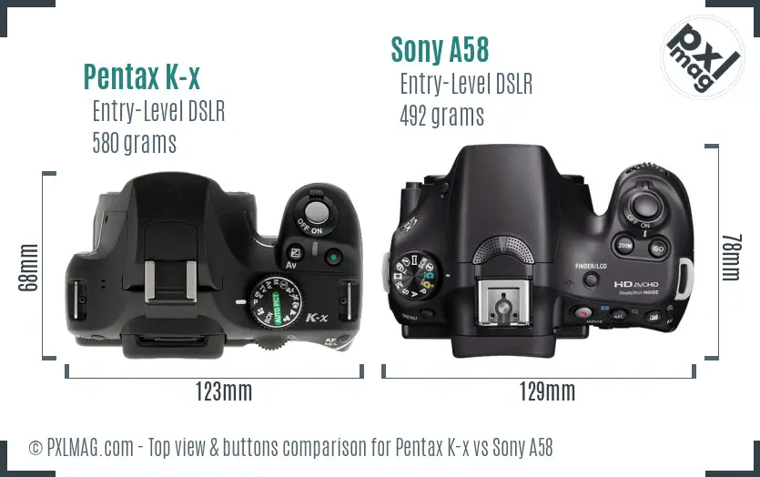 Pentax K-x vs Sony A58 top view buttons comparison