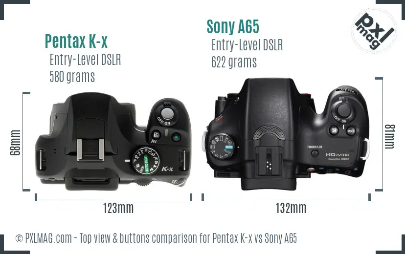 Pentax K-x vs Sony A65 top view buttons comparison