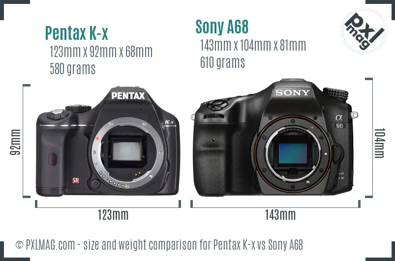 Pentax K-x vs Sony A68 size comparison