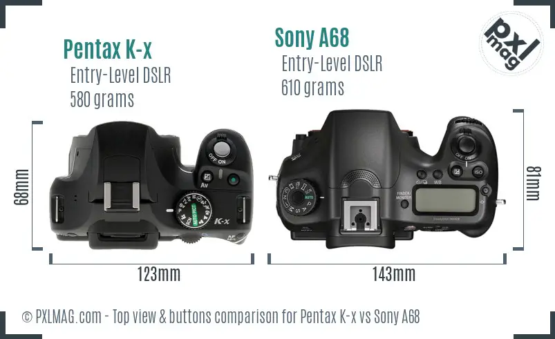 Pentax K-x vs Sony A68 top view buttons comparison