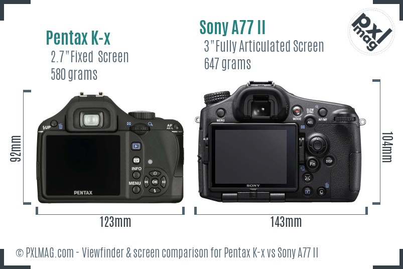 Pentax K-x vs Sony A77 II Screen and Viewfinder comparison