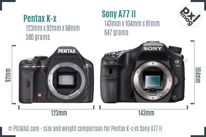 Pentax K-x vs Sony A77 II size comparison