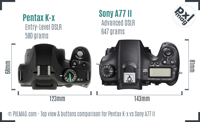 Pentax K-x vs Sony A77 II top view buttons comparison
