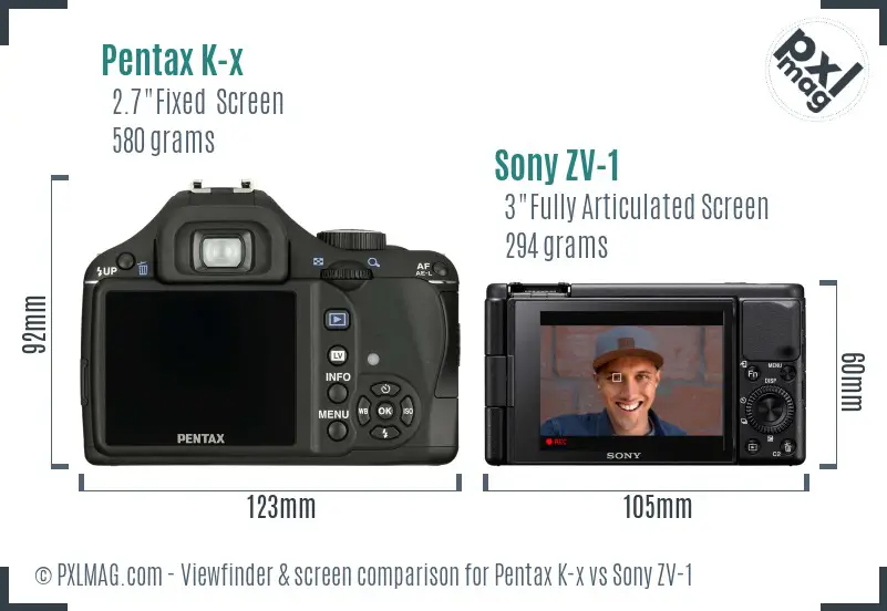 Pentax K-x vs Sony ZV-1 Screen and Viewfinder comparison