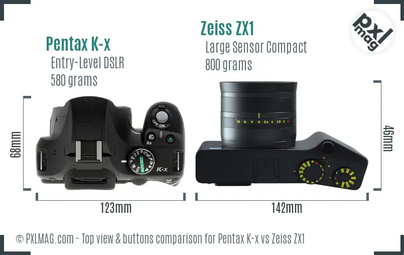 Pentax K-x vs Zeiss ZX1 top view buttons comparison