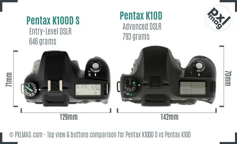 Pentax K100D S vs Pentax K10D top view buttons comparison