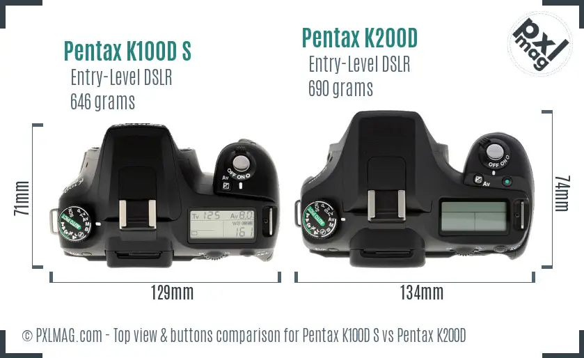 Pentax K100D S vs Pentax K200D top view buttons comparison