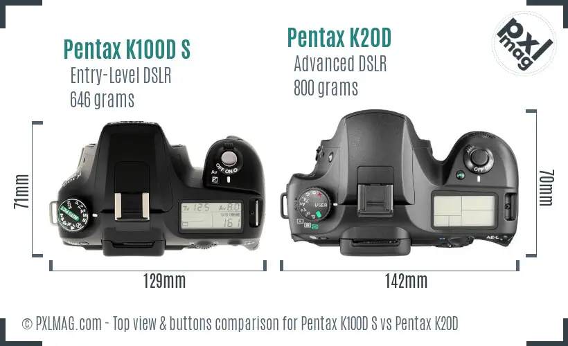 Pentax K100D S vs Pentax K20D top view buttons comparison