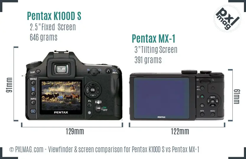 Pentax K100D S vs Pentax MX-1 Screen and Viewfinder comparison