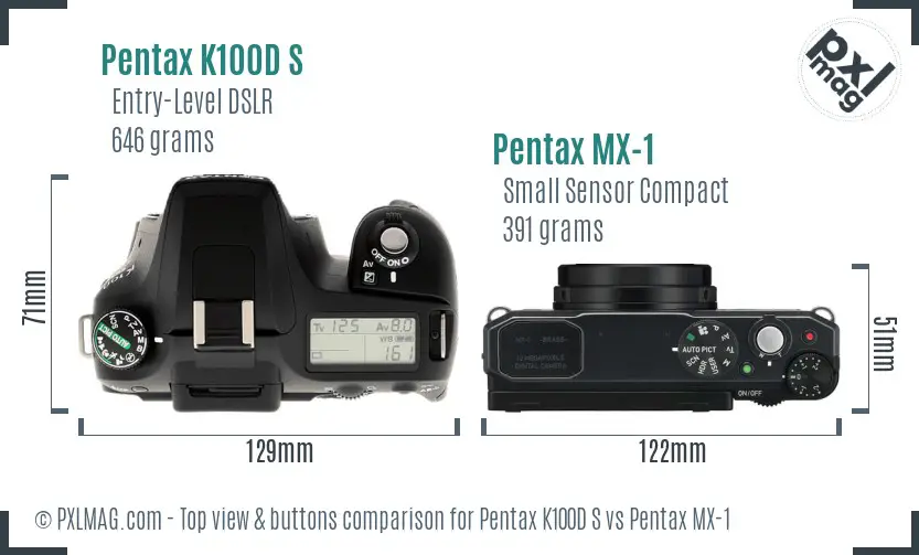 Pentax K100D S vs Pentax MX-1 top view buttons comparison