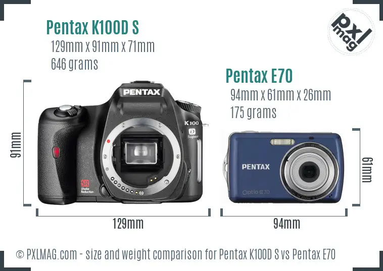 Pentax K100D S vs Pentax E70 size comparison