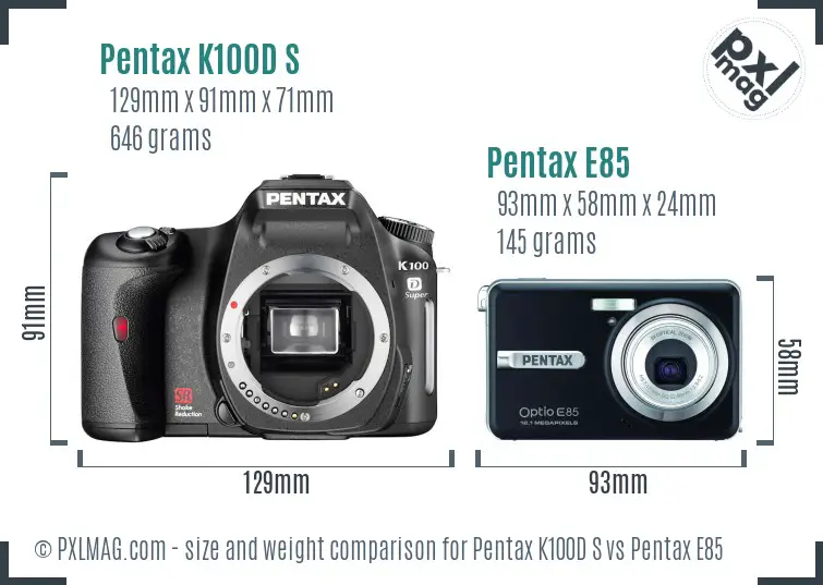 Pentax K100D S vs Pentax E85 size comparison