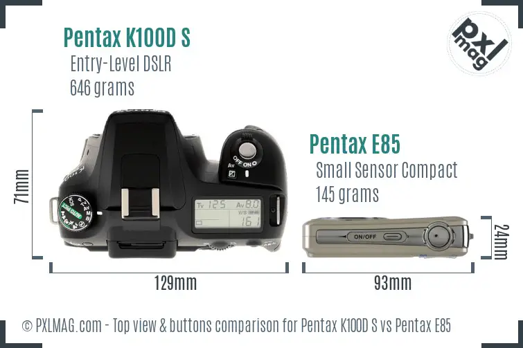 Pentax K100D S vs Pentax E85 top view buttons comparison