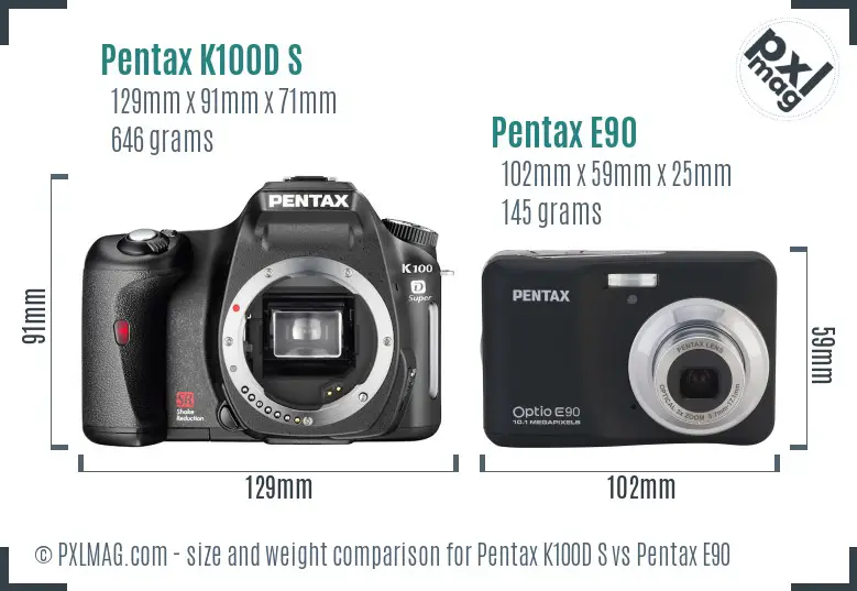 Pentax K100D S vs Pentax E90 size comparison