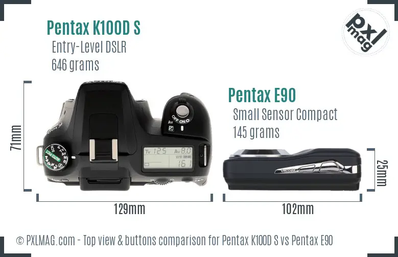 Pentax K100D S vs Pentax E90 top view buttons comparison