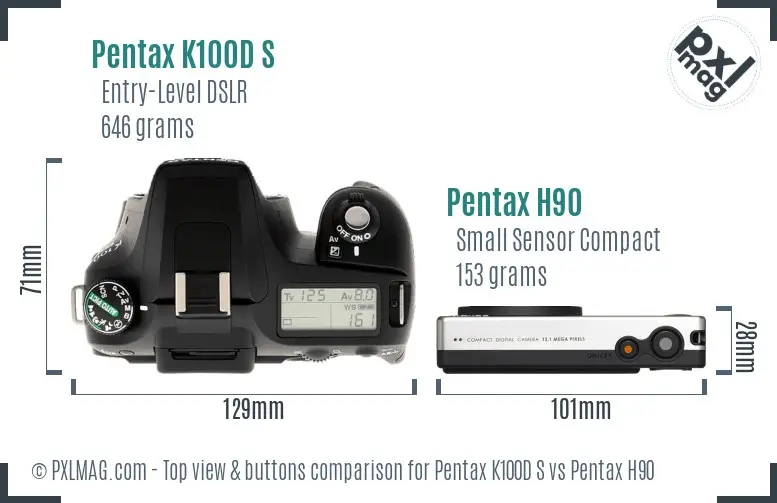 Pentax K100D S vs Pentax H90 top view buttons comparison