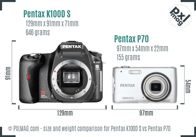 Pentax K100D S vs Pentax P70 size comparison