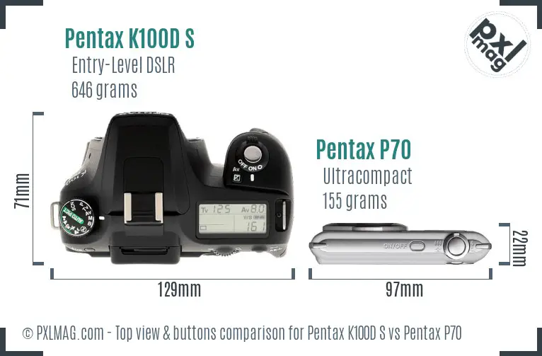 Pentax K100D S vs Pentax P70 top view buttons comparison
