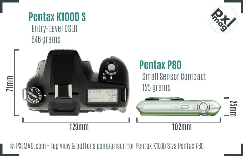 Pentax K100D S vs Pentax P80 top view buttons comparison
