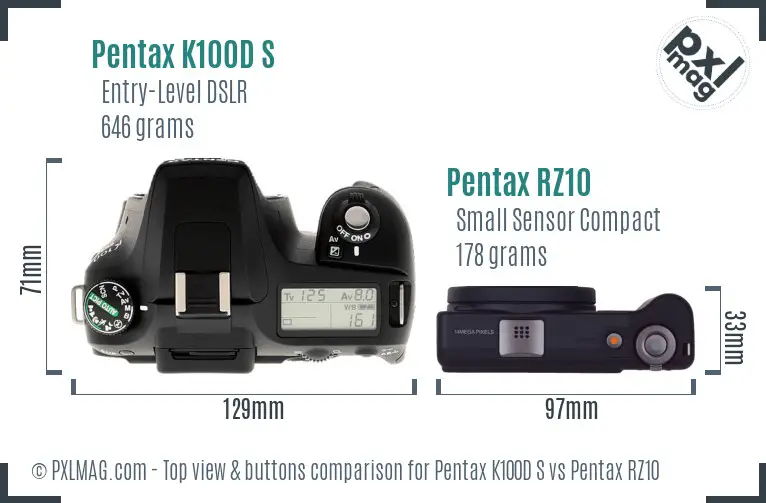 Pentax K100D S vs Pentax RZ10 top view buttons comparison