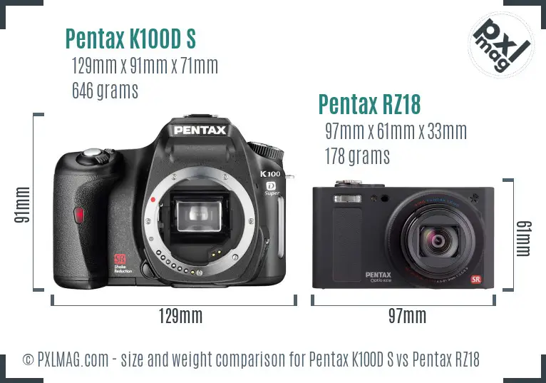 Pentax K100D S vs Pentax RZ18 size comparison