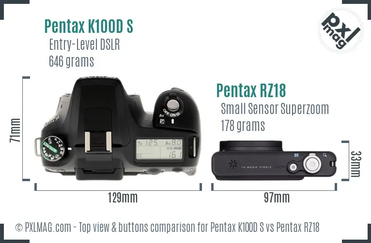 Pentax K100D S vs Pentax RZ18 top view buttons comparison