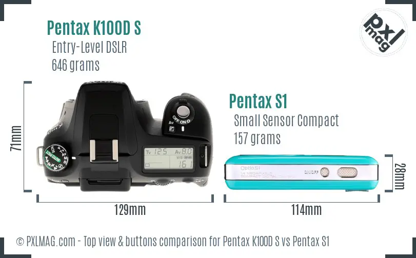 Pentax K100D S vs Pentax S1 top view buttons comparison