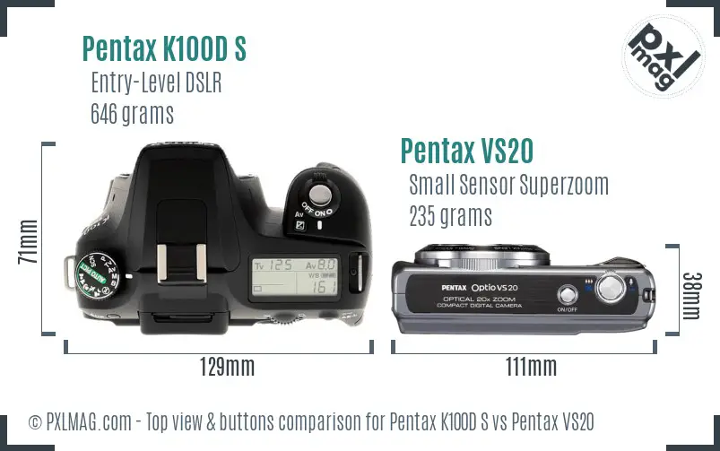 Pentax K100D S vs Pentax VS20 top view buttons comparison