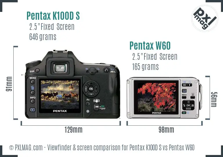 Pentax K100D S vs Pentax W60 Screen and Viewfinder comparison