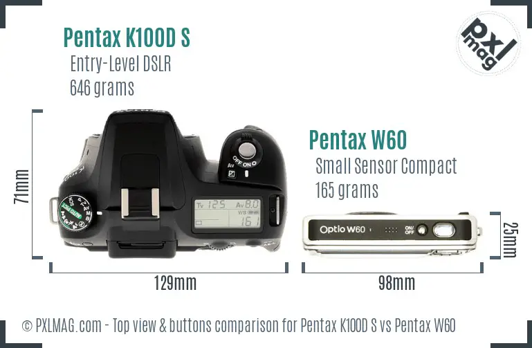 Pentax K100D S vs Pentax W60 top view buttons comparison