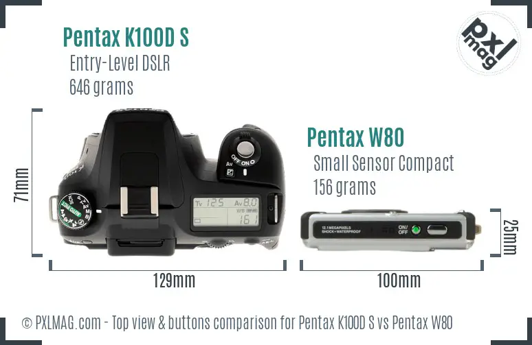 Pentax K100D S vs Pentax W80 top view buttons comparison